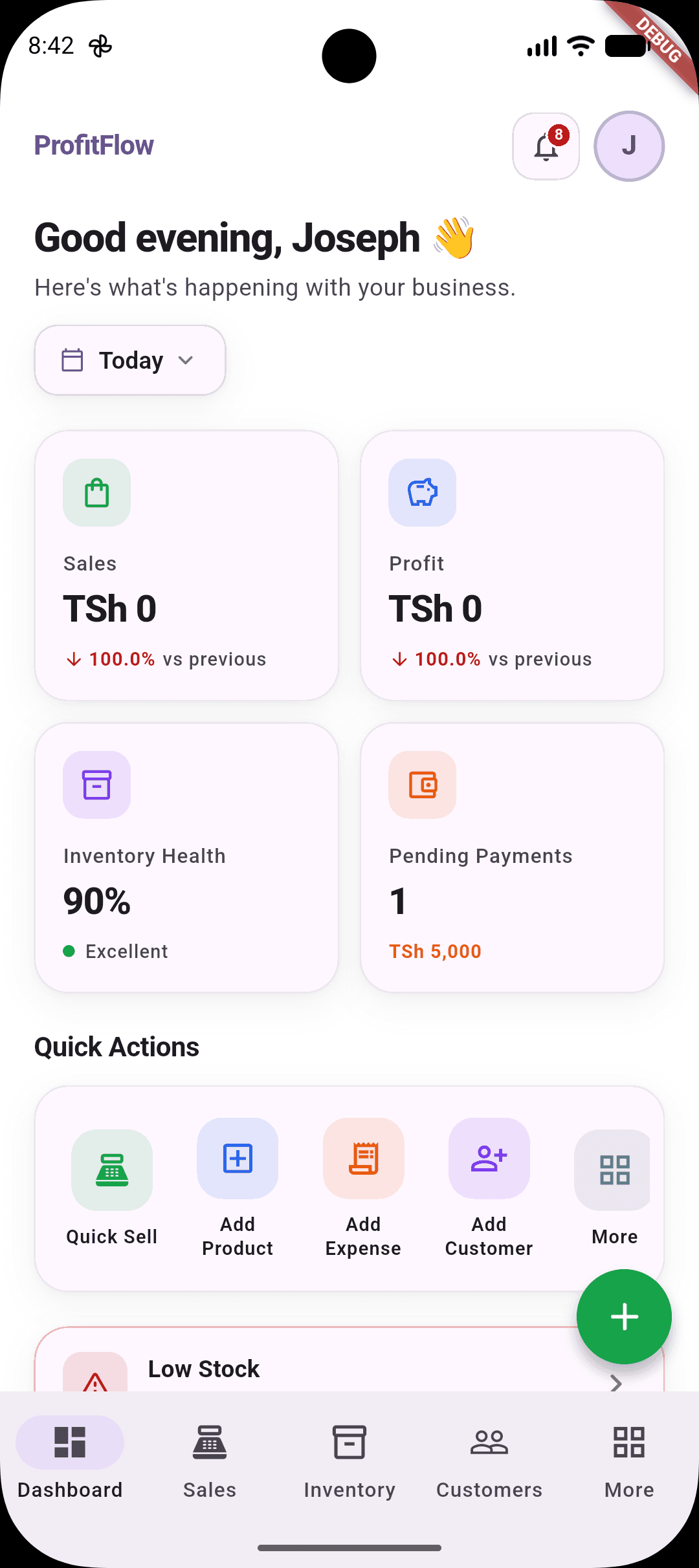 ProfitFlow dashboard showing business performance cards and operational summaries